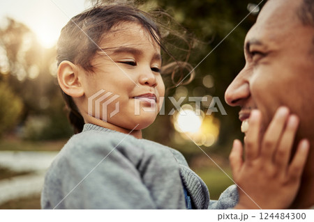 Happy, father and girl face with smile for family quality bonding time together in the outdoors. Love of dad and kid happiness, smiling and joyful for carefree summer vacation in nature forest 124484300