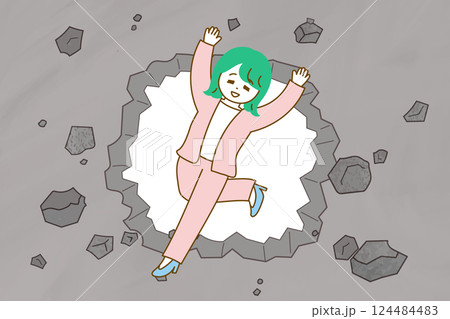 コンクリートの壁を壊して通り抜けるスーツ姿の女性のイラスト　壁を破るイメージイラスト 124484483