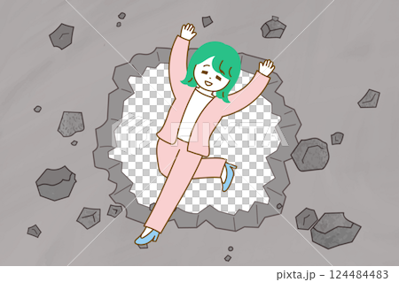 コンクリートの壁を壊して通り抜けるスーツ姿の女性のイラスト　壁を破るイメージイラスト 124484483