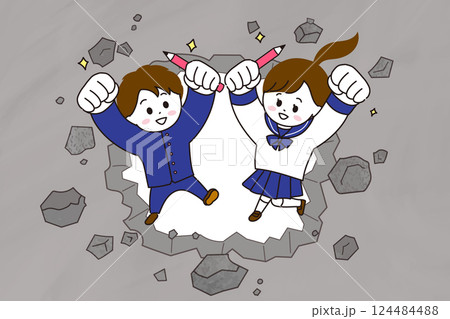 コンクリートの壁を壊して通り抜ける制服の学生のイラスト　壁を破るイメージイラスト 124484488