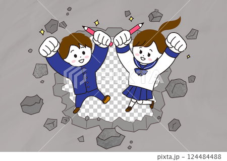 コンクリートの壁を壊して通り抜ける制服の学生のイラスト　壁を破るイメージイラスト 124484488