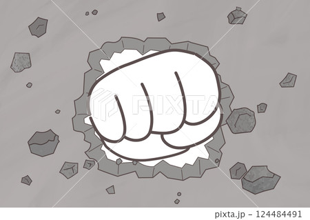 コンクリートの壁を壊して通り抜けるパンチ　壁を破るイメージイラスト 124484491