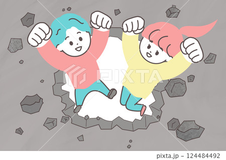 コンクリートの壁を壊して通り抜ける若い男女のイラスト 壁を破るイメージイラスト コンクリートの壁を壊して通り抜ける若い男女のイラスト 壁を破るイメージイラスト 124484492
