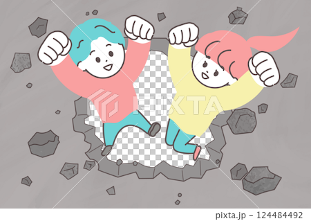 コンクリートの壁を壊して通り抜ける若い男女のイラスト 壁を破るイメージイラスト コンクリートの壁を壊して通り抜ける若い男女のイラスト 壁を破るイメージイラスト 124484492