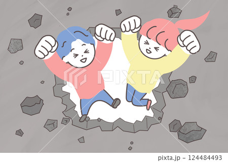 コンクリートの壁を壊して通り抜ける若い男女のイラスト 壁を破るイメージイラスト コンクリートの壁を壊して通り抜ける若い男女のイラスト 壁を破るイメージイラスト 124484493