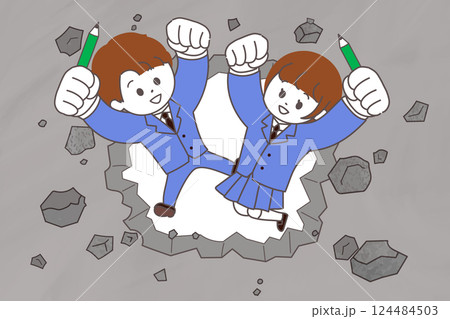 コンクリートの壁を壊してジャンプする高校生男女のイラスト　壁を破るイメージイラスト 124484503