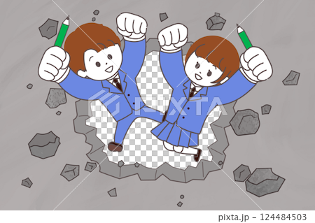 コンクリートの壁を壊してジャンプする高校生男女のイラスト　壁を破るイメージイラスト 124484503