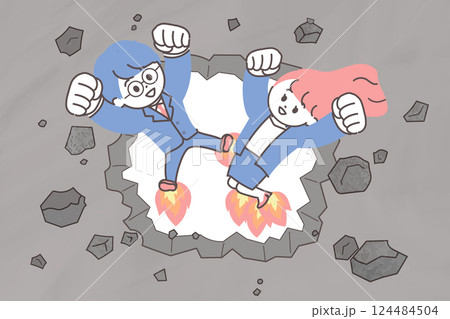 コンクリートの壁を壊して上昇するビジネスマン男女のイラスト　シンプルでかわいいイラスト 124484504