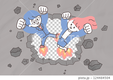 コンクリートの壁を壊して上昇するビジネスマン男女のイラスト　シンプルでかわいいイラスト 124484504