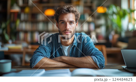 Focused man at desk in cozy workspace setting 124484625