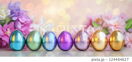 Colorful Easter eggs displayed with flowers 124484627