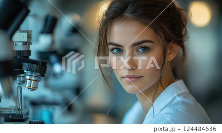Young scientist focused on research in laboratory 124484636