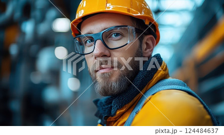 Construction worker in safety gear at site 124484637