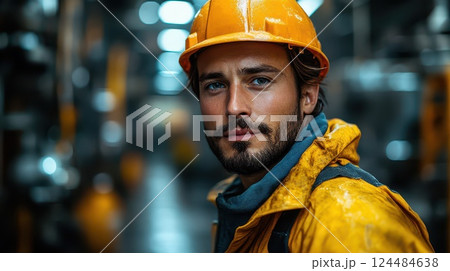 Worker in safety gear at industrial location 124484638