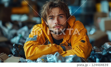 Young man in yellow jacket resting among debris 124484639