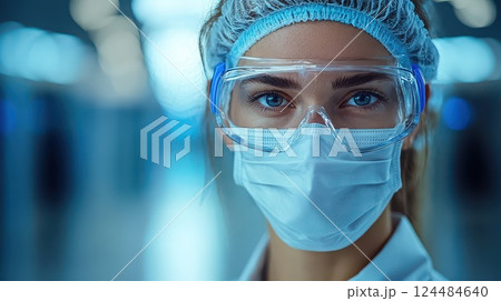 Healthcare worker wearing protective gear in a lab 124484640
