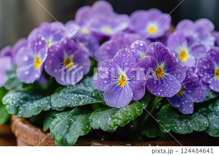 Purple flowers glistening with dew in a garden 124484641