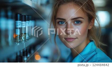 Young woman in laboratory with bottles on shelf 124484642
