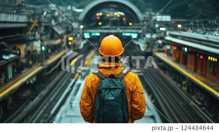 Worker observes train station platform at sunset 124484644