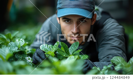 Young man tending to plants in lush garden 124484849