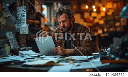 Man focused on work in a cluttered creative space 124484882