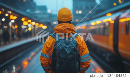 Awaiting the train at a bustling city station 124484883