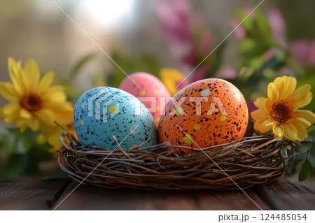 Colorful eggs in a floral nest 124485054