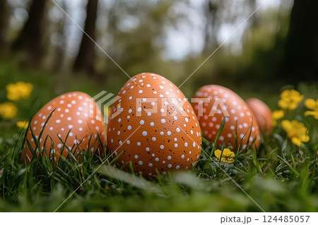 Decorative eggs in grassy meadow during springtime 124485057