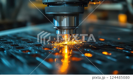 Laser cutting machine operates on metal sheet Laser cutting machine operates on metal sheet 124485080