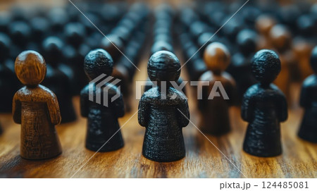 Wooden figures arranged in a unique formation Wooden figures arranged in a unique formation 124485081