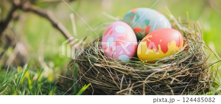 Colorful decorated eggs nestled in a grass nest Colorful decorated eggs nestled in a grass nest 124485082