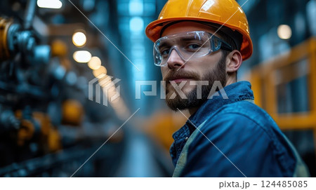 Worker in safety gear at daytime facility 124485085