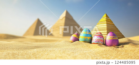Colorful eggs beside ancient pyramids in desert 124485095