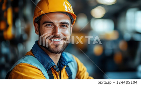 Worker smiles during construction at site 124485104