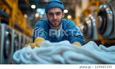 Young man in busy laundry facility 124485105