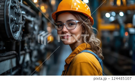 Woman wearing safety gear in industrial setting 124485107