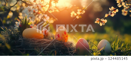 Spring eggs in a blooming garden 124485145