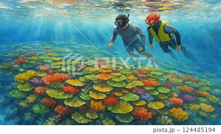 南国の見事なサンゴ礁の海でシュノーケル 124485194