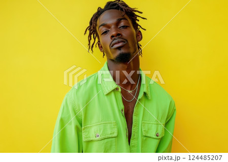 Confident young man by yellow wall 124485207