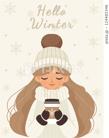 Hello Winter Illustration Girl with Coffee Cup Flat Vector Hello Winter Illustration Girl with Coffee Cup Flat Vector 124485346