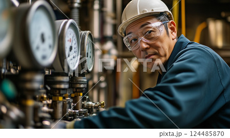 工場で機器を点検する日本人エンジニア 工場で機器を点検する日本人エンジニア 124485870