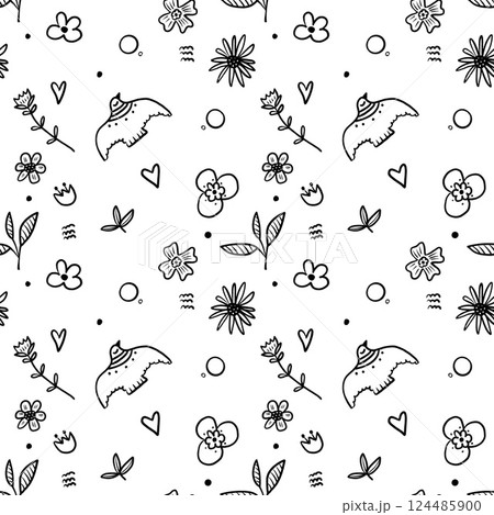 Seamless pattern with retro doodle elements, birds and flowers. 124485900