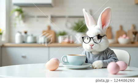 Cute bunny with cup of coffee and easter eggs on table. Easter celebration concept.	 124486260