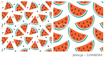 Triangle Half Watermelon slices with seeds Seamless pattern Tropical fruits Background concept Set 2 Triangle Half Watermelon slices with seeds Seamless pattern Tropical fruits Background concept Set 2 124486563