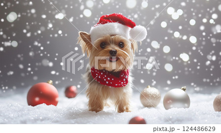 サンタ帽をかぶった小型犬とクリスマスデコレーション サンタ帽をかぶった小型犬とクリスマスデコレーション 124486629