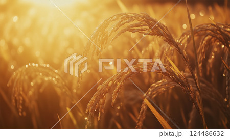 夕日に照らされた稲穂のクローズアップ 124486632