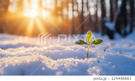雪の中から芽吹く若葉と朝日 雪の中から芽吹く若葉と朝日 124486661