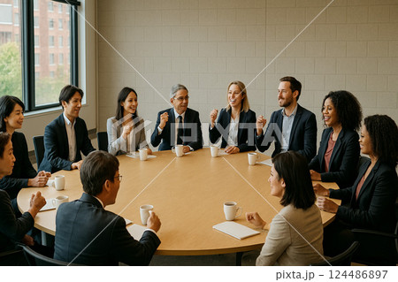 やる気にみなぎっているミーティングの様子 やる気にみなぎっているミーティングの様子 124486897