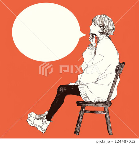 【フキダシ】座る女性と吹き出し 124487012