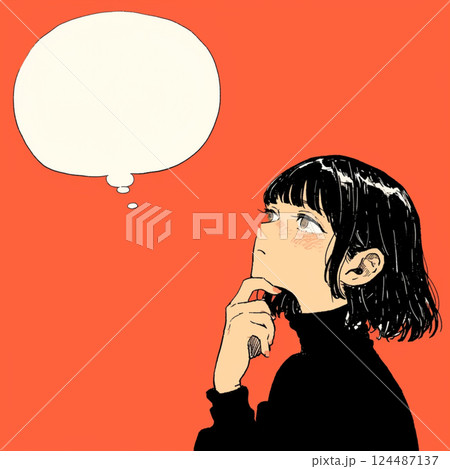 【フキダシ】考える女性と吹き出し 124487137